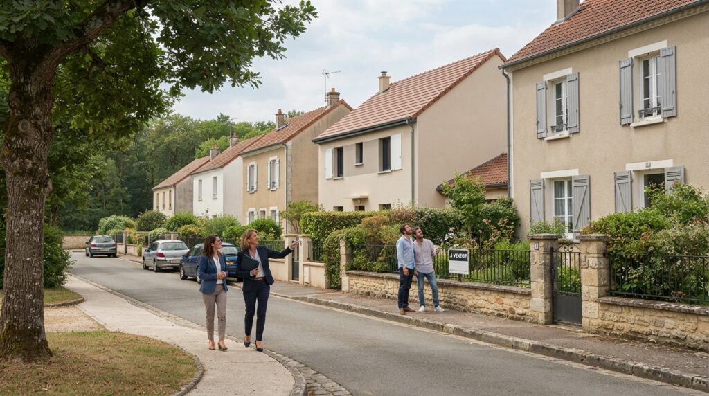 Vue d'une rue calme bordée de pavillons modernes avec jardins
