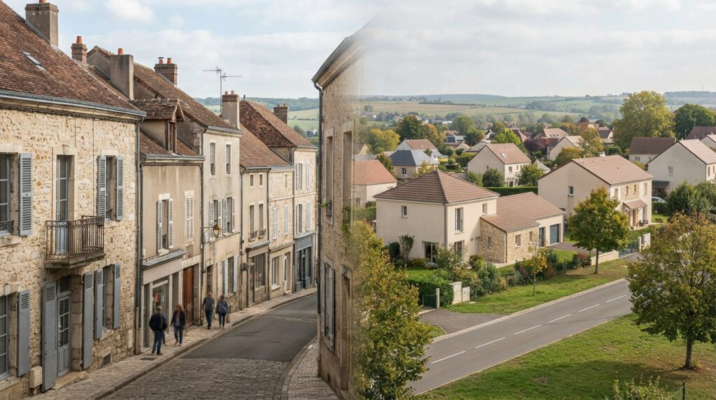 Vue illustrée d'un quartier résidentiel avec des bâtiments au centre et des maisons en périphérie